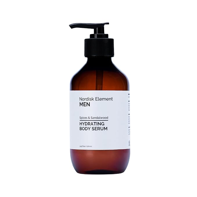 Nordisk Element Men Body Serum with Antioxidants & Nordic Botanicals | Deep Hydration & Skin Barrier Repair | Hyaluronic Acid Body Serum | Paraben & Phthalate Free | Spices & Sandalwood 9.13 Fl Oz