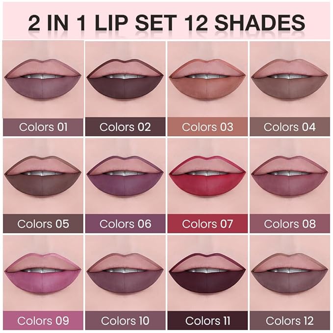 AMY'S DIARY Lip Gloss and Lip Liner Set – Matte Liquid Lipstick with Matching Lip Pencil – Rose Red, Berry, Wine Red Shades – Long Lasting, Waterproof, Non-Sticky Lip Makeup Kit for Defined Lips