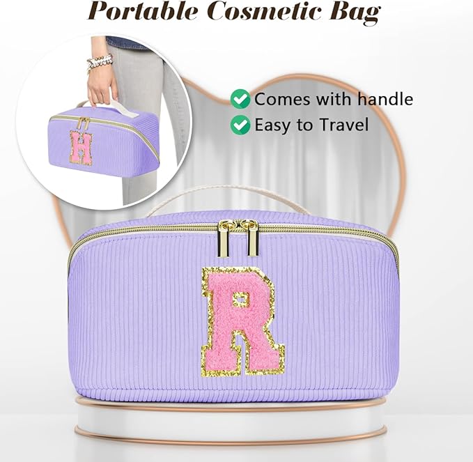 Personalized Initial Makeup Bag,Christmas Gifts for Girl,Preppy Bag Cosmetic Travel Bag Women,Travel Toiletry Organizer,Large Capacity Corduroy Stuff Bag,Cute Cosmetic Pouch Skincare Bag-Q