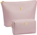 Women Gifts | Initial Makeup Bag Set for Girl Personalized Gifts for Bridesmaid Friend Graduation Teachers PU Leather Cosmetic Travel Toiletry Bag(Pink,V)