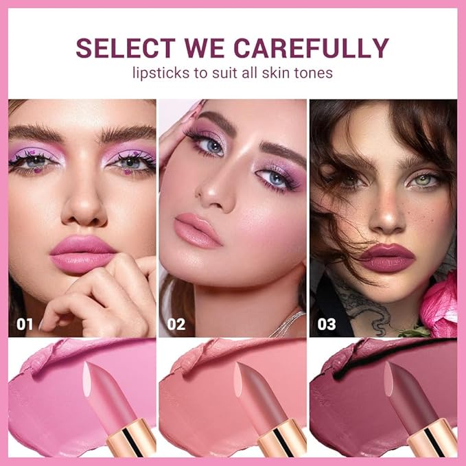 3Pcs Nude Pink Purple Mauve Lavender Lip Stick,Matte Cream Lipstick Set for Women,Long Lasting Waterproof Smudge Proof Velvet lipsticks Crayon,Lip Makeup Kit Travel Size,Vegan & Cruelty-free