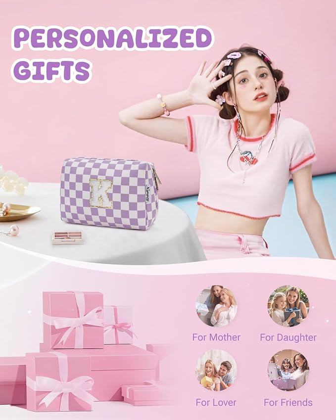 Narwey Birthday Gifts for Women Teen Girls Kids Personalized Initial Makeup Bag Monogram Preppy Cosmetic Bag Trendy Stuff 6 8 10 11 12 13 14 16 18 Years Old Travel Toiletry Bag (Purple K)