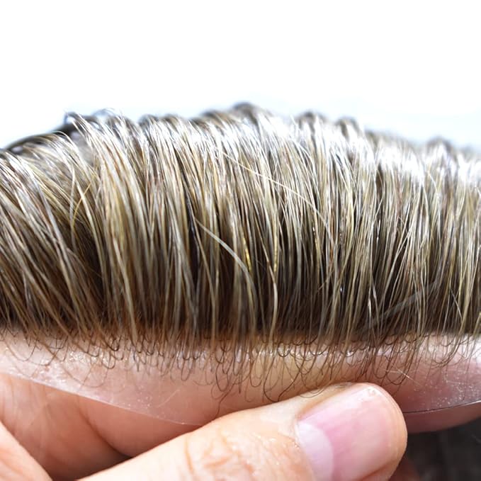 FACE MIRACLE Toupee for Men French Lace Hairpiece Human Hair Replacement System Skin PU Mens Toupee Hair Wigs for Man V-Looped Front Hair Prosthesis 8"X10" 6# LIGHT BROWN
