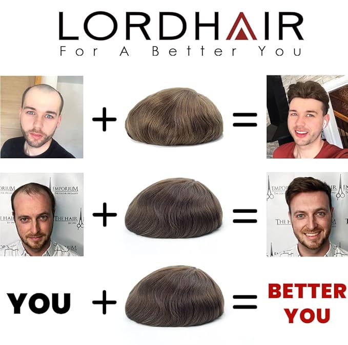 Lordhair Toupee for Men European human hair Full French Lace Hairpieces，Base Size 8x10 inch Hair Replacement System for Men Natural Hairline Human Hair Wig #1B Off Black