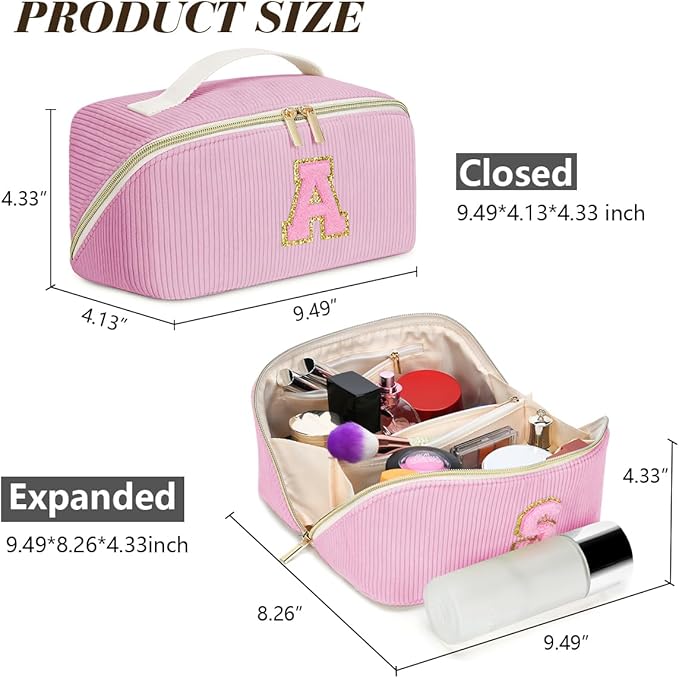 Personalized Initial Makeup Bag,Christmas Gifts for Girl,Preppy Bag Cosmetic Travel Bag Women,Travel Toiletry Organizer,Large Capacity Corduroy Stuff Bag,Cute Cosmetic Pouch Skincare Bag-Q