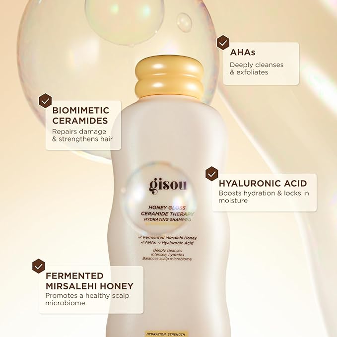 Gisou Honey Gloss Ceramide Therapy Hydrating Shampoo – Deeply Cleanses & Restores Moisture, Ceramides & AHAs, 8.5 Fl Oz (Wildflower Honey)