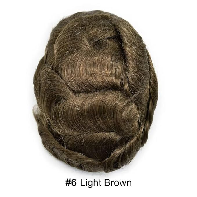 FACE MIRACLE Mens Toupee Lace Front Hairpieces Soft Human Hair Replacement System Natural Hairline Toupee for Men French Lace Poly V-Looped Mens hair Units 6"X8" 6# LIGHT BROWN