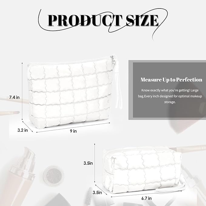 Richeart Makeup Bag Travel Toiletry Bag - Checkered Down Cotton Makeup Pouch for Women with Cosmetic and Pencil, Aesthetic White Design, Large