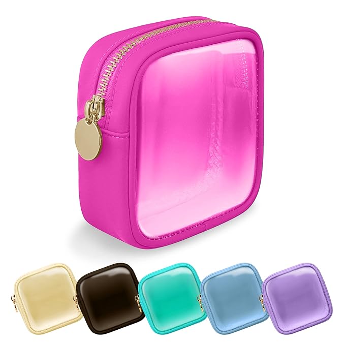 Clear Mini Makeup Bag, Small Nylon&PVC Cosmetic Travel Bag TSA Approved Toiletry Bag with Zipper, Preppy Transparent Coin Purse for Women Men Girls(Mini-Hot Pink)