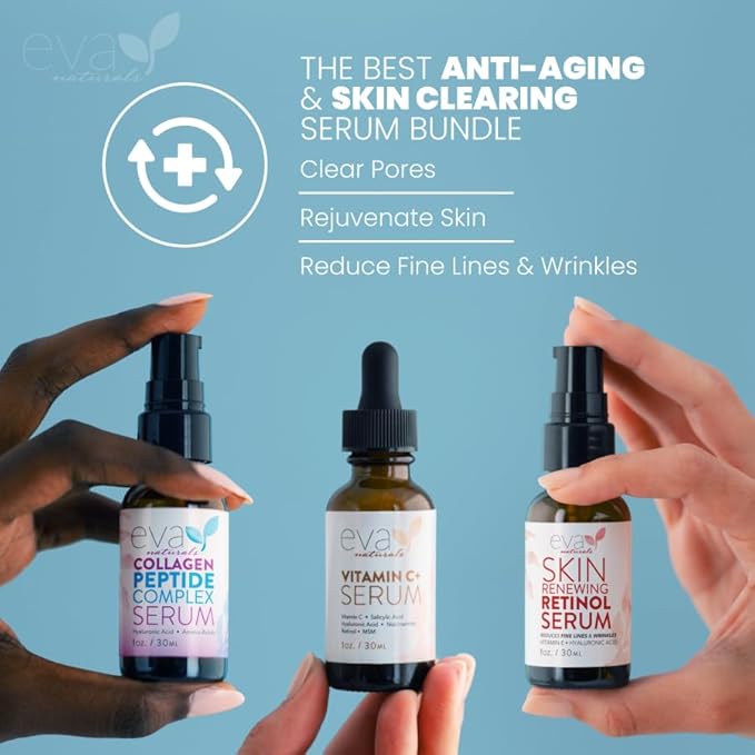 Eva Naturals Trifecta Face Serum Set – Retinol, Vitamin C & Peptides with Hyaluronic Acid & Niacinamide – Anti-Aging Skincare Bundle for Women – Collagen Boosting, Wrinkle & Spot Treatment