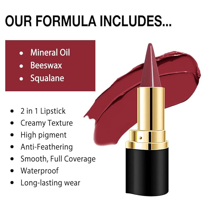 Kaely Dark Red Gradient Matte Lipstick Lip Liner Pencil for Women, 2in1 Flawless Contour Gradual Ombre Effect Lip Pencil Makeup Waterproof, labiales mate 24 horas originales, 03