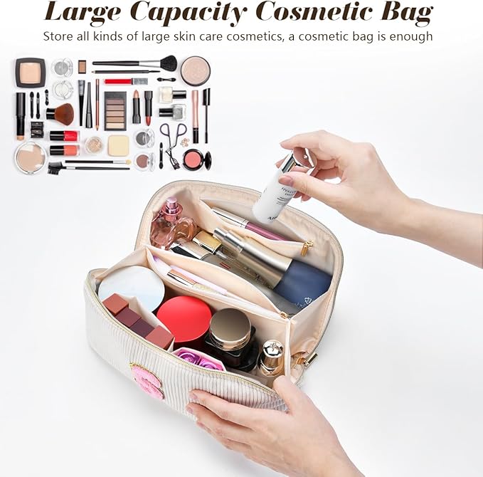 Personalized Initial Makeup Bag,Christmas Gifts for Girl,Preppy Bag Cosmetic Travel Bag Women,Travel Toiletry Organizer,Large Capacity Corduroy Stuff Bag,Cute Cosmetic Pouch Skincare Bag-W