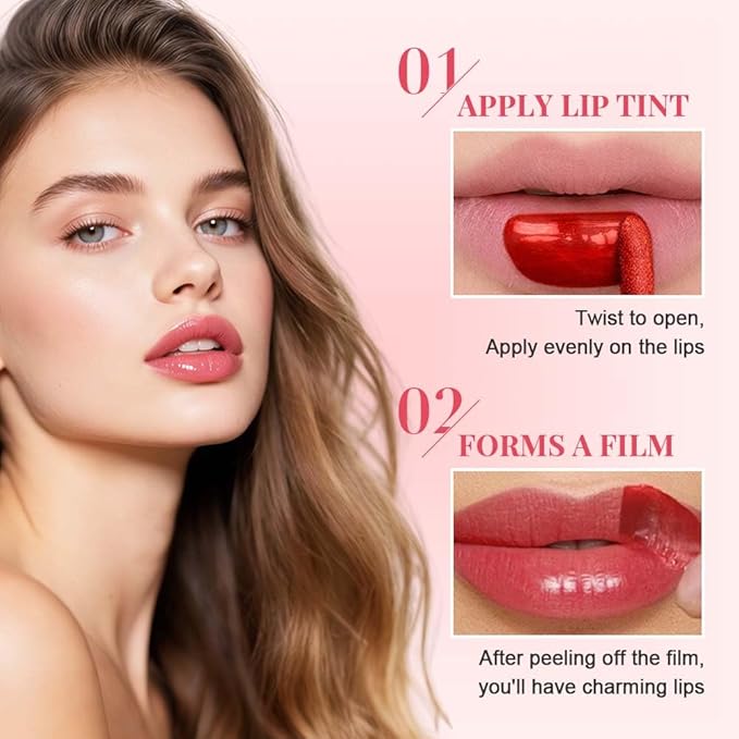 2 PCS Lip Gloss Color Peel Off Lip Stain, Long Lasting Lipstain Peel Off, Charming Lipstick Transfer Proof No Stick Cup (03-Positive Red and 04-Light Pink)