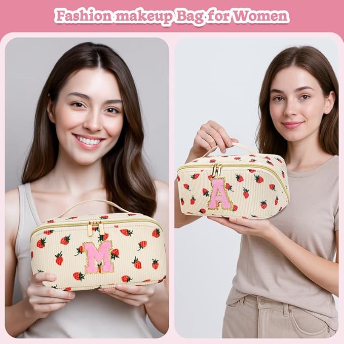 Personalized Travel Makeup Bag Set,Initial Travel Strawberry Makeup Organizer Bag,Toiletry Skincare Cosmetic Bag,Christmas Gifts for Women/Girls,Open Flat Toiletry Pouch with Brush Pocket-D