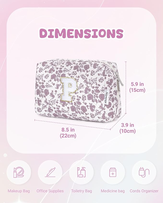 Narwey Birthday Gifts for Teen Girls Kids Women Personalized Initial Floral Makeup Bag Cute Cosmetic Trendy Stuff 6 8 10 11 12 13 14 16 18 Years Old Travel Toiletry Bag (Little Dusty Pink Flower P)