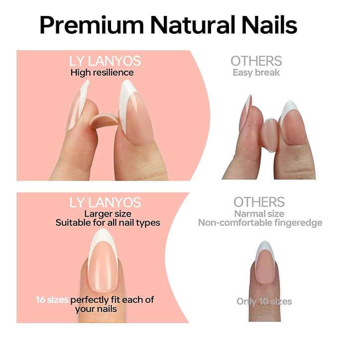 16 size white french tip almond press on nails for women,32 pcs super short petite oval nails with glue and stick ，nude french