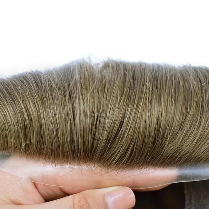 Toupee for Men French Lace Center Human Hair Replacement Systems Transparent Lace Center Hair Piece Mens Toupee Hair Units for Man V-Looped Front Male Hair Prosthesis 8"X10" 7ASH Light Ash Brown
