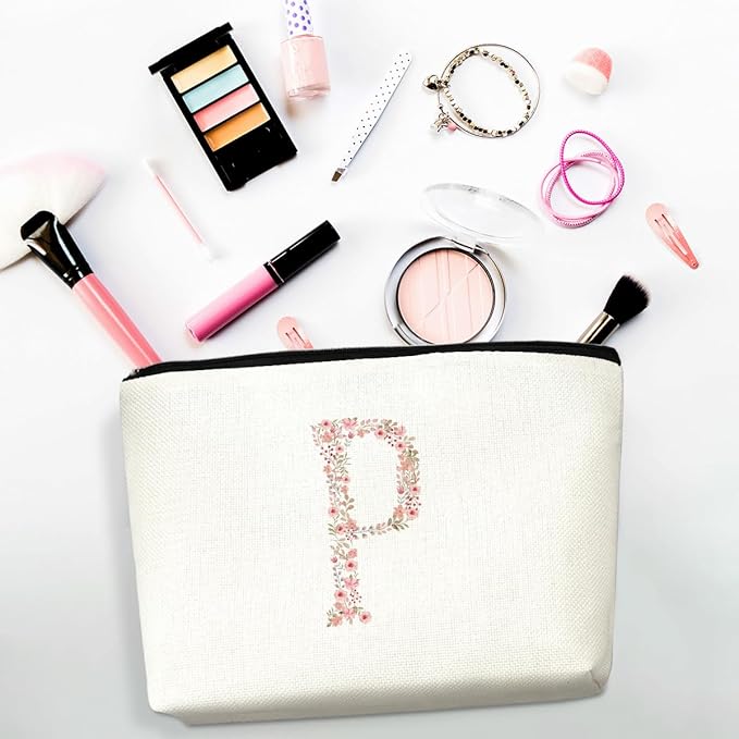 Initial Makeup Bag Floral P Personalized Cosmetic Bag Monogrammed Gifts for Women Girls Bride Bridesmaid Monogram Zipper Pouch for Teacher Appreciation Mothers Day Birthday Wedding Bridal Shower Gifts