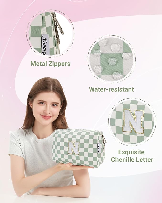 Narwey Birthday Gifts for Teen Girls Kids Women Personalized Initial Checkered Makeup Bag Preppy Cosmetic Bag Trendy Stuff 6 8 10 11 12 13 14 16 18 Years Old Travel Toiletry Bag (Green Letter N)