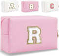 Small Personalized Letter Makeup Bag, Cute PU Leather Chenille Letters Cosmetic Bag Travel Makeup Pouch, Preppy Travel Organizer Zipper Pouch for Women&Girls（Pink-R）