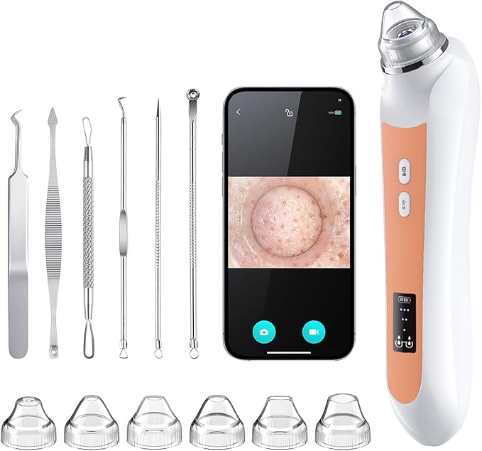 Facial Pore Blackhead Remover Vacuum, 1080P Camera Blackhead Remover, 20x Zoom, 8 LEDs ＆ 3 Suction Modes, 800mAh Battery & USB - 6 Heads Pore Cleaner Kit for Women&Men(Orange)