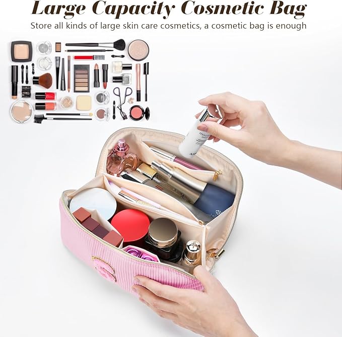 Personalized Initial Makeup Bag,Christmas Gifts for Girl,Preppy Bag Cosmetic Travel Bag Women,Travel Toiletry Organizer,Large Capacity Corduroy Stuff Bag,Cute Cosmetic Pouch Skincare Bag-W