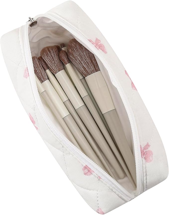 Cute Floral Cotton Makeup Brush Cosmetic Bag for Women, Travel Quilted Zipper Make Up Bag, Flowers Toiletry Organizer Case Kawaii Makeup Cosmetic Travel Cloth Pouch (Pink Bow Tie+Blue Bow Tie)