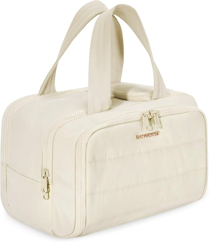 BAGSMART Travel Toiletry Bag, Lightweight Large Wide-open Travel Bag for Women, Puffy Cosmetic Makeup Bag Organizer with Handle for Accessories,Essentials, Toiletries, Beige