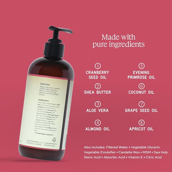 Aleavia Cranberry Prebiotic Body Lotion – Lightly Scented, All-Natural Moisturizing Seasonal Body Lotion with Organic Essential Oils – 12 Oz