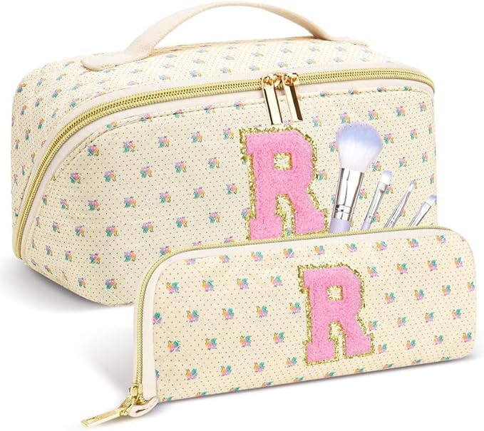 Personalized Travel Makeup Bag Set,Initial Travel Cute Floral Makeup Organizer Bag,Toiletry Skincare Cosmetic Bag,Christmas Gifts for Women/Girls,Open Flat Toiletry Pouch with Brush Pocket-R
