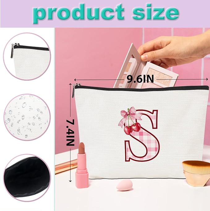 Initial Makeup Bag Monogram Cosmetic Bag Monogrammed Gifts for Women Girls Friends Coworker Colleague Personalized Travel Toiletry Bag Christmas Bridal Shower Wedding Bridesmaid Gifts, Cherry S
