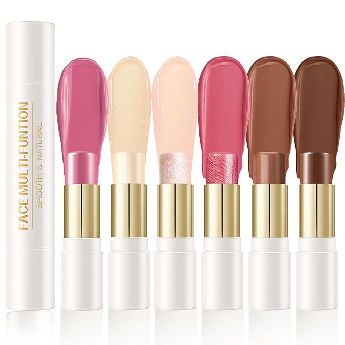 6 Colors Cream Contour Stick Makeup Kit, Shades with Blush, Highlighter and Bronzer, Double Ended Contour Stick for Cheeks, Waterproof and Long Lasting, Matte and Dewy Finish (Set A)