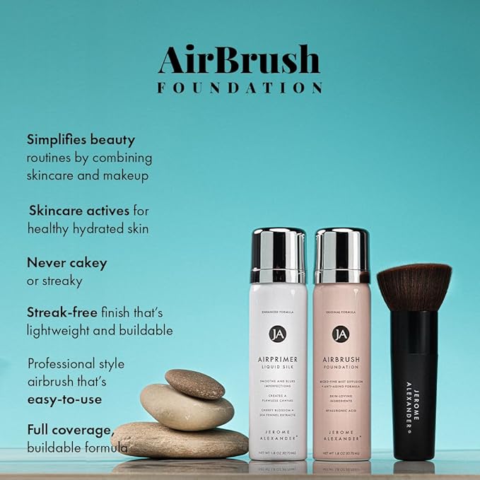 MagicMinerals AirBrush Foundation Set by Jerome Alexander – 3pc Set Includes Primer, Foundation and Kabuki Brush - Spray Makeup with Anti-aging Ingredients for Smooth Radiant Skin (Dark)