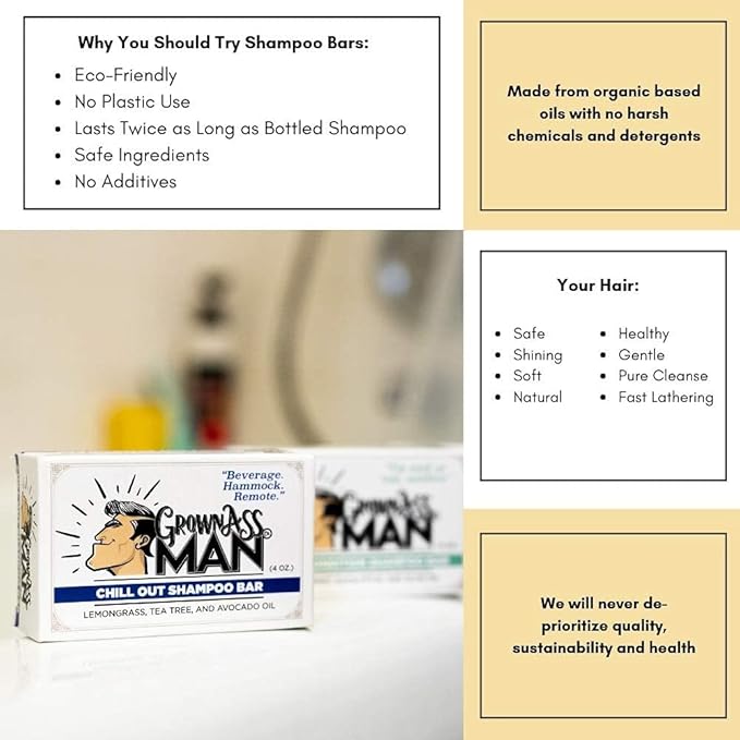 Grown Ass Man Co. - Solid Shampoo Bar Rich Lather 3 in 1: Hair, Beard & Body Wash - Plastic Free & Eco-Friendly, Natural & Organic Clean for All Hair Types, 4oz Bar (Chill Out, 3-Pack)