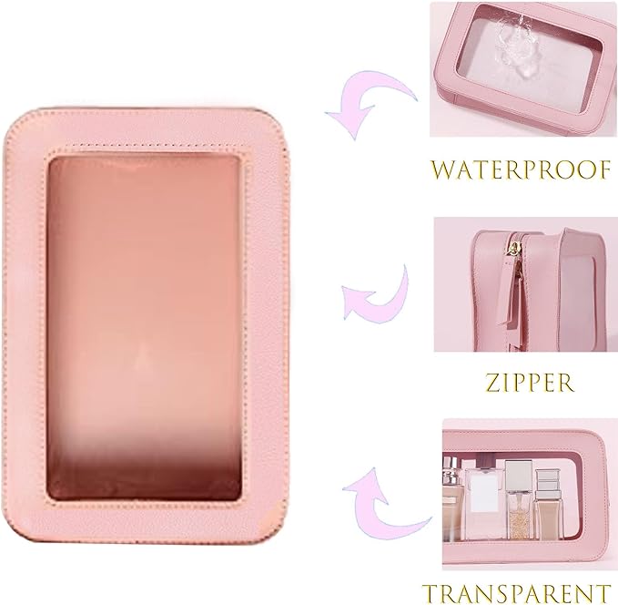 Clear and Waterproof Makeup Bag Portable Travel Cosmetic Case Organizer for Women Toiletry Pouch with Transparent Vinyl Windows & Zippers (Pink)