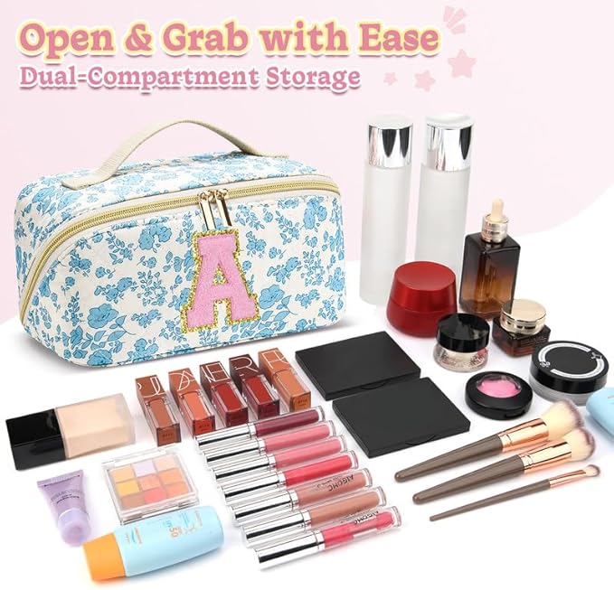 Personalized Travel Makeup Bag Set,Initial Travel Cute Floral Makeup Organizer Bag,Toiletry Skincare Cosmetic Bag,Christmas Gifts for Women/Girls,Open Flat Toiletry Pouch with Brush Pocket-D
