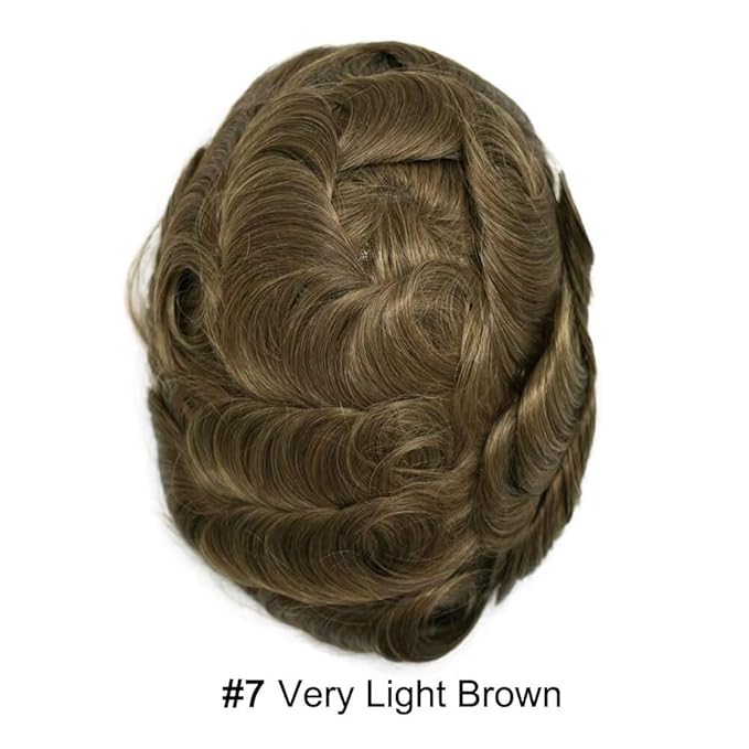 FACE MIRACLE Hair System for Men French Lace Mens Toupee Human Hair Replacement System Lace with PU Toupee for Men Male Hair Piece Wigs 6"X8" 7# VERY LIGHT BROWN
