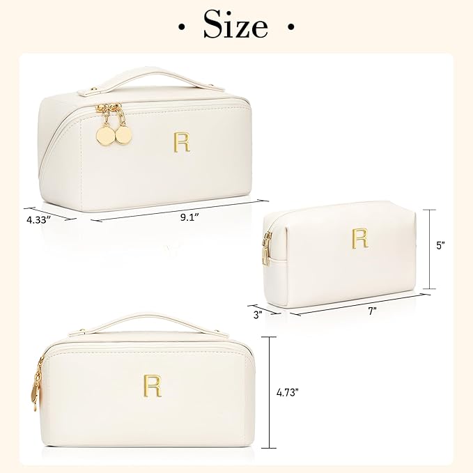 Birthday Gifts for Women Teen Girl, Personalized Initial Makeup Organizer Bag Set, Open Flat Travel Cosmetic Bag With Clear Divider and Handle(Beige,R)