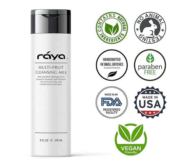 Raya Multi-Fruit Facial Cleansing Milk with AHA and BHA 8 oz (G-154) | Exfoliating Soap-Free Cleanser and Make-Up Remover for Dry and Combo Skin | Made with Multi-Fruit Alpha and Beta Hydroxy Acids