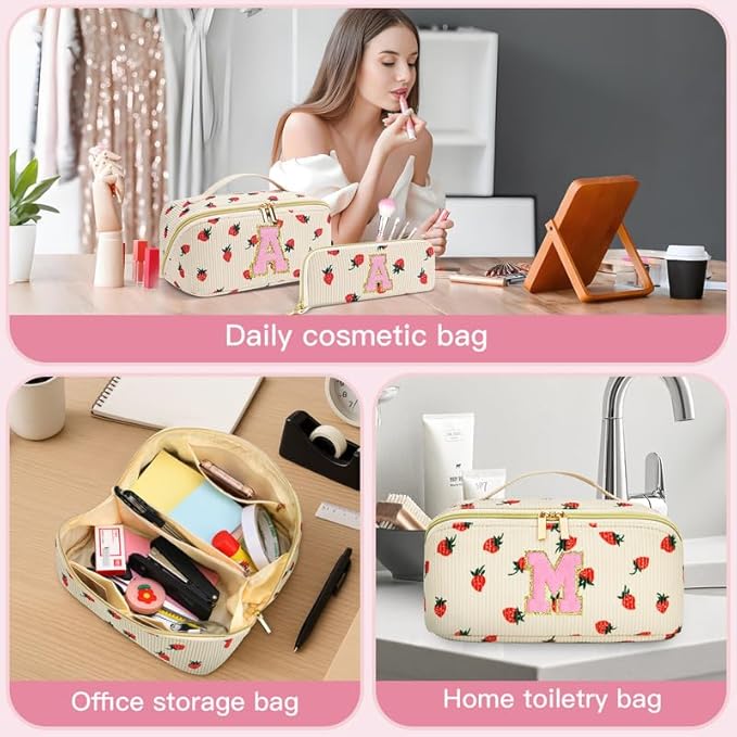 Personalized Travel Makeup Bag Set,Initial Travel Strawberry Makeup Organizer Bag,Toiletry Skincare Cosmetic Bag,Christmas Gifts for Women/Girls,Open Flat Toiletry Pouch with Brush Pocket-Q