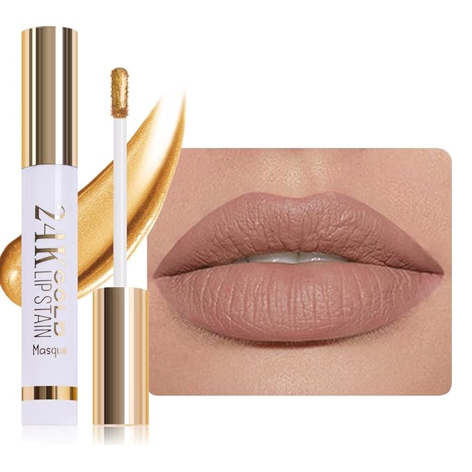All Day Lip Stain Peel Off Gold Liquid Lip Gloss Tattoo, Brownish Red Matte Finish Peel Off Lip Stain Masque, Long Lasting Waterproof Lip Tint, Transfer-proof for All Skin Types 02#