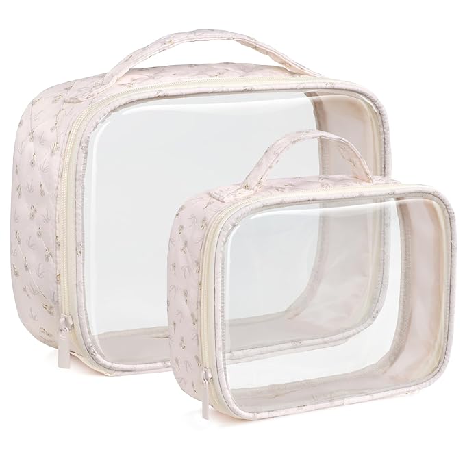 PACKISM Clear Makeup Bag - 2 Pack TSA Approved Toiletry Bag with Handle and 180° Large Opening, Sturdy Clear Toiletry Bag Fit Carry-on Travel Essential, Travel Bags for Toiletries, Pink Ditsy Floral