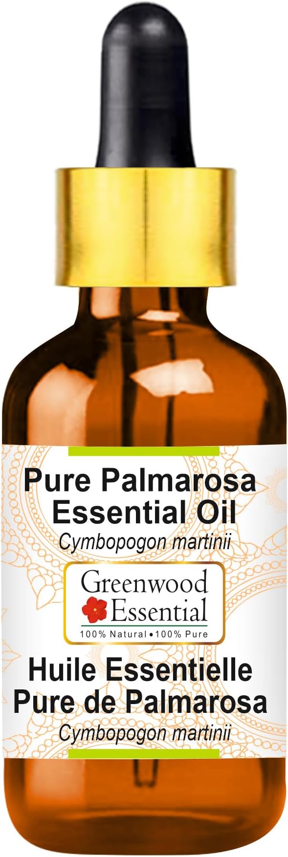 Greenwood Essential Pure Palmarosa Essential Oil (Cymbopogon martinii) with Glass Dropper Steam Distilled 10ml (0.33 oz)
