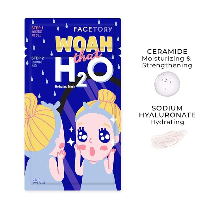 FACETORY K Beauty Face Mask Skin Care - Woah That H2O 2-Step Sheet Mask with Ceramide & Sodium Hyaluronate + Hydration Ampoule | Hydrating, Moisturizing, Balancing (10 Pack)