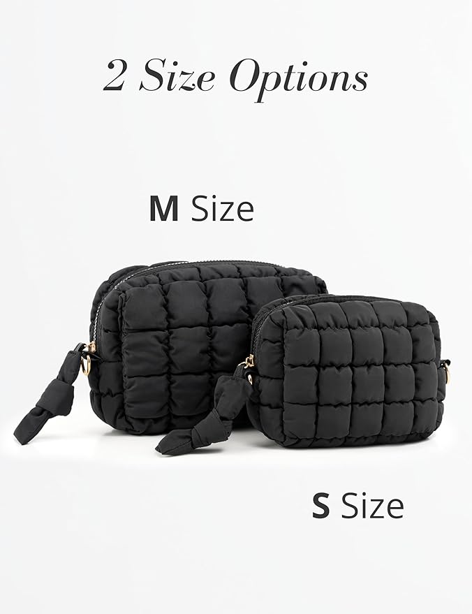 Yarnic Quilted Makeup Bag Cosmetic Bag, Travel Toiletry Bag for Women, Cute Makeup Bag Organizer Black Puffer Makeup Pouch (M, Black)