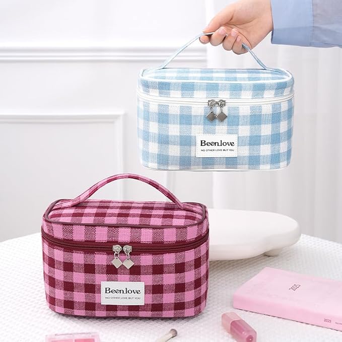 FAELBATY Makeup Bag Large Checkered Fabric Toiletry Organizer Bag for Women Girls (Rose Red)