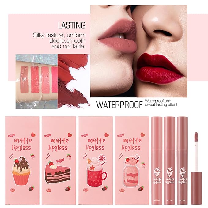 3Pcs Nude Matte Lipstick Set, Ice Cream Velvet Smooth Matte Lip Gloss, 24 Hour Natural Long Lasting & Nourishing Lip Glaze Non-stick Cup for Women Makeup (Set A)