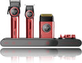 VGR 3 in 1 Professional Barber Clippers Set of Hair Clipper Trimmer Foil Shaver, Cordless Haircut Kit with Upgraded Powerful Motor, Integrated Charging Station, LED Display, Storage Box, Red