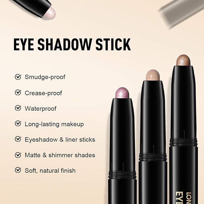 Taupe Shimmer Eyeshadow Stick, Waterproof Cream Eye Shadow Pencil Long-Lasting Crease-Proof Glitter Eyeshadow Crayon Smooth High Pigmented Highlighter Blendable Neutral Eye Shadow Liner Makeup