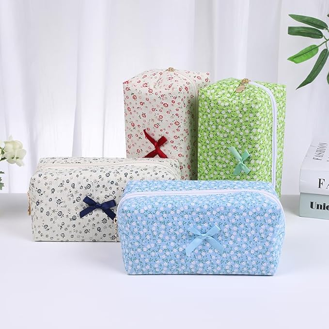 Floral Cotton Makeup Brush Cosmetic Bag for Women & Men, Travel Quilted Zipper Pouch, Large Capacity Flowers Toiletry Organizer, Kawaii Makeup Storage Case, Cosmetic Travel Cloth Bag-Green Floral
